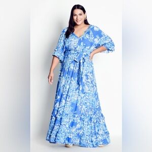 Blue Floral Frill Smock Maxi Dress